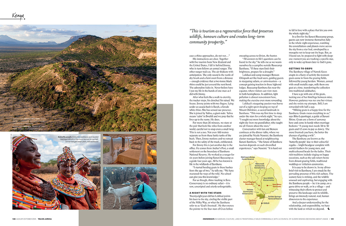 Travel Africa spread for the Samburu story pages 130 to 131.